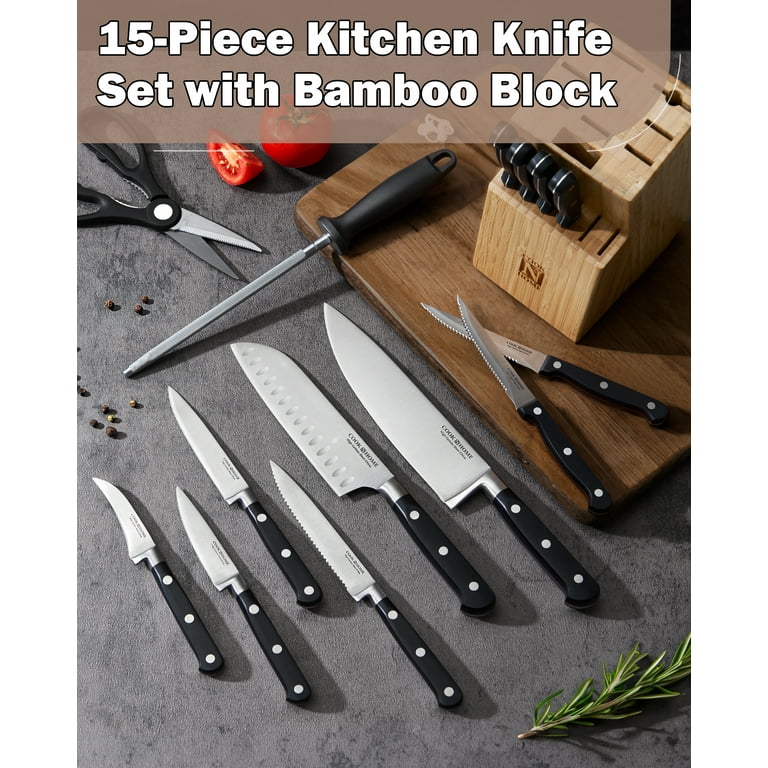  15 Piece Kitchen Knife Block Set, Premium Full Tang