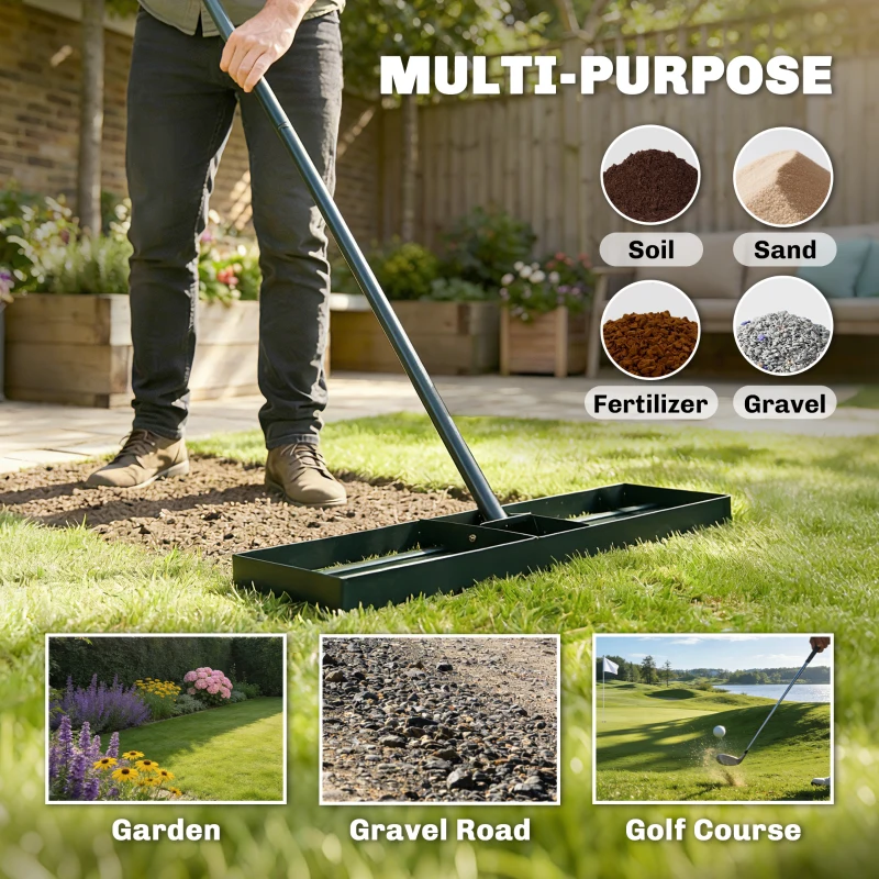 Heavy Duty Yard Leveling Rake 36 Inch Wide Head Powder Coated Rustproof Metal 3 Section Detachable 66.5 Inch Long Handle Lawn Soil Sand Leveling Tool