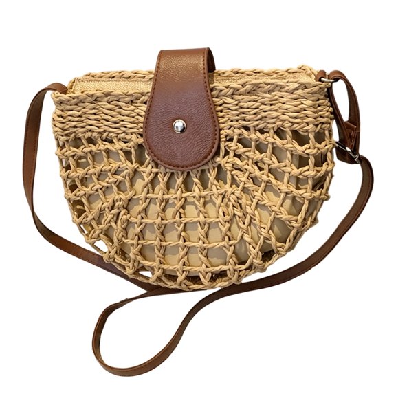 Homellea Woven Straw Crossbody Bag for Women, 9.5 Inch Khaki Summer Beach Shoulder Purse with Adjustable Strap, Hollow Out Small Saddle Bag for Vacation, Travel and Daily Use