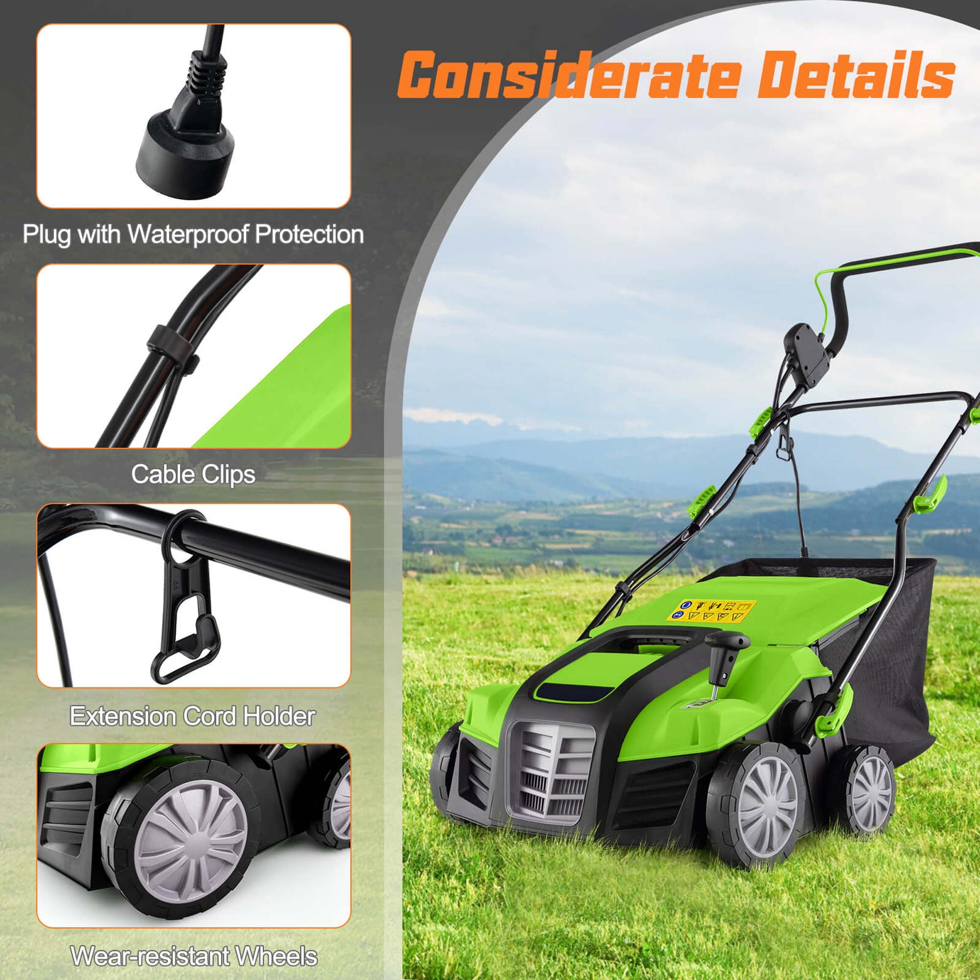 Costway 16-Inch Electric Dethatcher & Scarifier 15A 2-In-1 Lawn Dethatcher Green