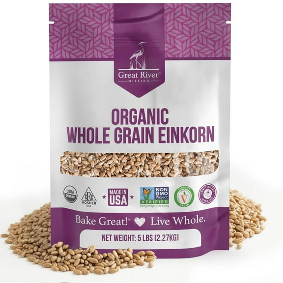 Great River Milling Einkorn Wheat Berries  Whole Grain Ancient Wheat  Non-GMO, High-Protein, Kosher  Mill at Home as All-Purpose Flour Alternative for Baking & Cooking  5 Lb
