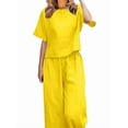 thumbnail image 2 of Women'S 2 Piece Set - Boat Neck Half Sleeve Top & Wide Leg Pants with Pockets, Casual for Work, Travel Yellow 4XL, 2 of 6