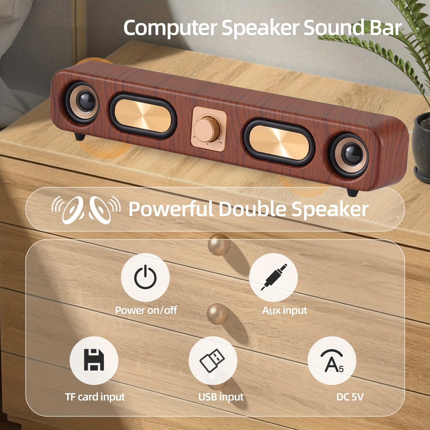 10W Vintage Wireless Bluetooth Sound Bar Speaker Desktop Dual 2'' Speakers USB Wired, 3.5mm Aux-in Computer Speakers for Desktop Monitor