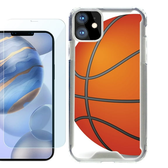 For Apple iPhone 12 Case, iPhone 12 Pro Case, Hybrid Bumper Phone case, with Tempered Glass Screen Protector, by OneToughShield ® - Basketball