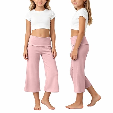 HAYIMI Children Girls High Waist Yoga Pants Solid Color Wide Leg Loose Casual Cropped Capris For Play And Everyday Wear Cozy Trousers