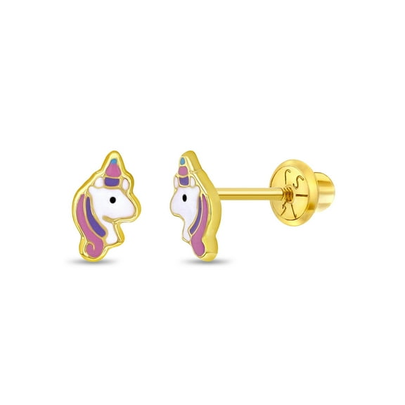 14k Yellow Gold Pastel Enamel Unicorn Screw Back Earrings for Little Girls