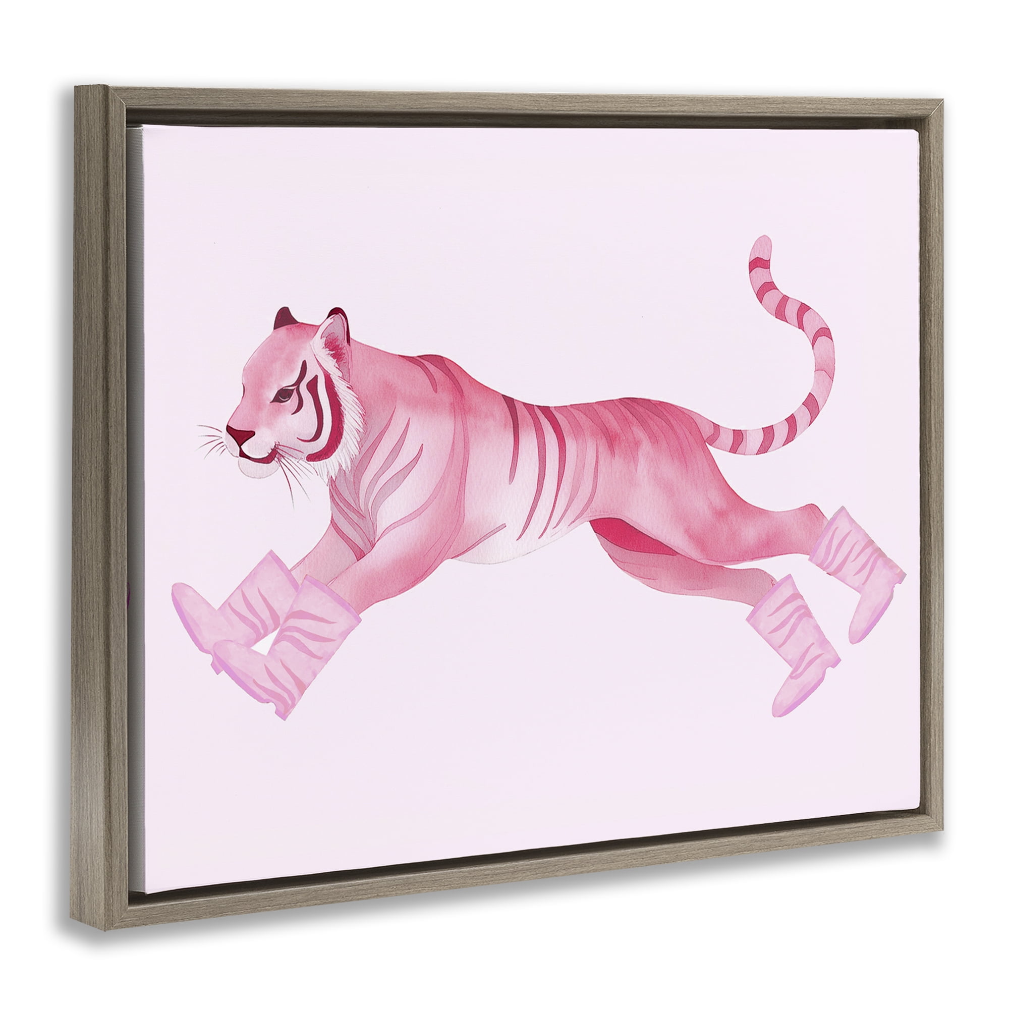 Stupell Industries Running Tiger in Boots Animals Painting Brown Floater Framed Canvas Art Print Wall Art, 21 x 17