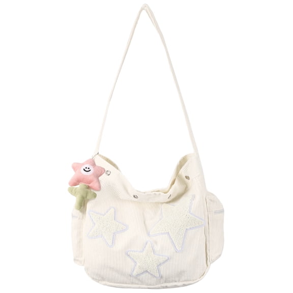 White Corduroy Tote Bag, Large Crossbody Messenger Bag with Charm, Casual Day Bag for iPad, Books, Essentials, Aesthetic Shoulder Bag