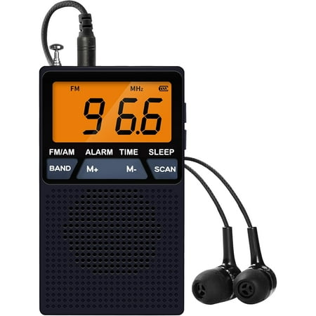 AM FM Pocket Radio Mini Portable Radio Battery Operated by 2 AA Batteries with Stereo Earphone Large Digital Display Time Display Digtal Alarm Clock (Black)