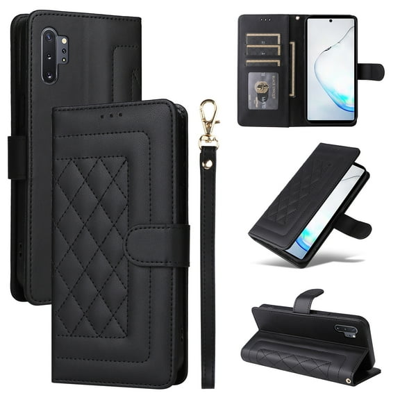 Compatible with Samsung Galaxy Note 10 Plus Case, Premium Leather Wallet Book Case Magnetic Flip RFID Blocking Credit Card Holder Kickstand with Wrist Strap Shock Absorbing Case, Black