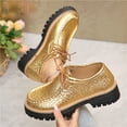 thumbnail image 4 of Lace up Loafers for Women Trendy Stitching Round Toe Walking Shoes Lug Sole Chunky Heel Casual Dress Shoes Gold Size 7, 4 of 6