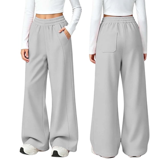 Spazoro Girls Fleece Lined Sweatpants with Multi-Pockets, Solid Color Elastic Waist Baggy Fall Winter Casual Wide Leg Pants for Little Big Kids Gray Size 12-13