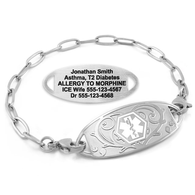 MedicEngraved Bracelet d'Alerte Médicale Personnalisé en Acier Inoxydable - Maillon Trombone 4 mm