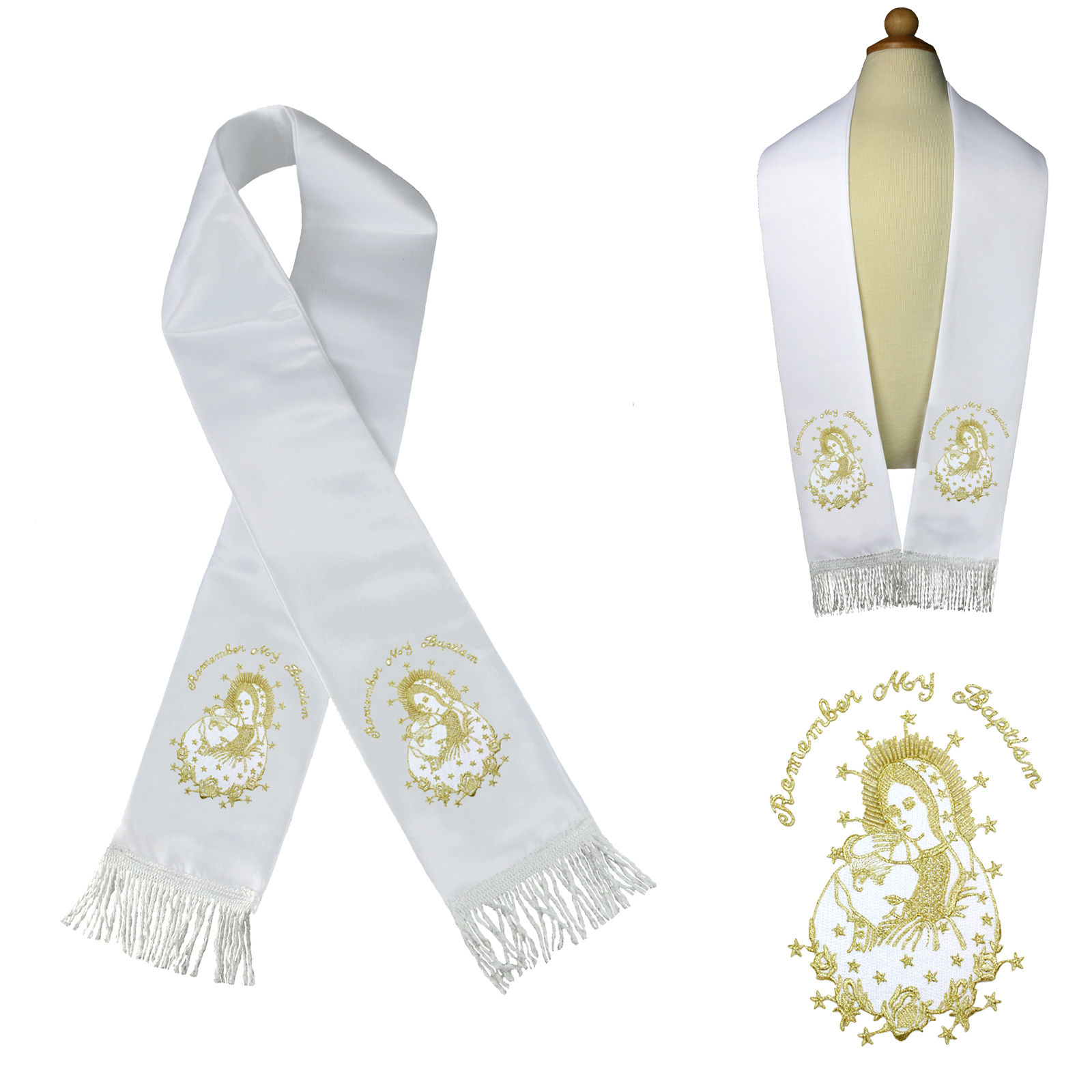 Metallic Embroidered Christening Baptism Stole Scarf Sash Virgin Mary Pope Maria 