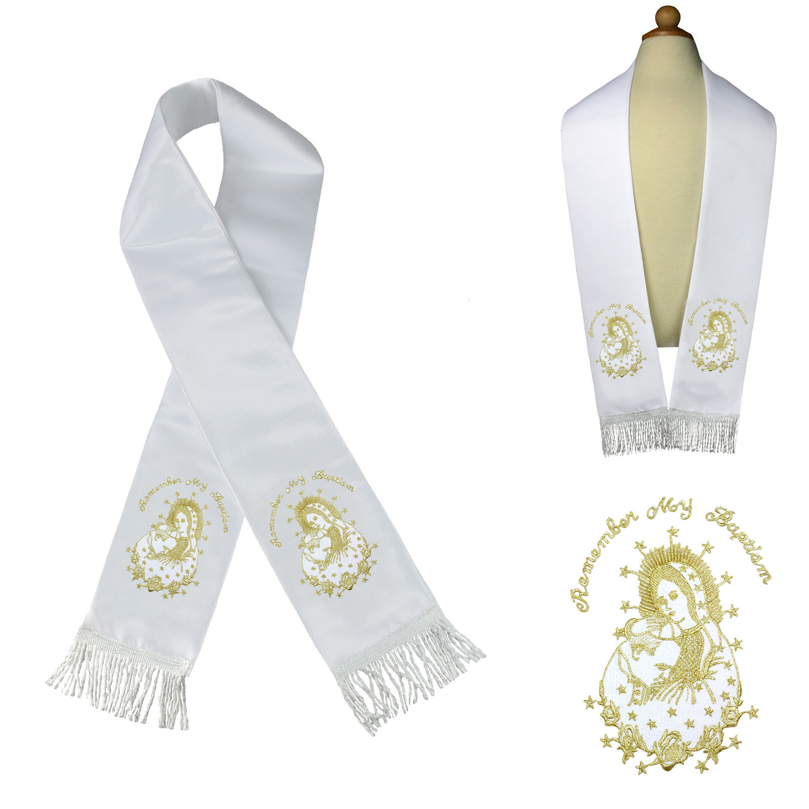 Metallic Embroidered Christening Baptism Stole Scarf Sash Virgin Mary Pope Maria Metallic Embroidered Christening Baptism Stole Scarf Sash Virgin Mary Pope Maria