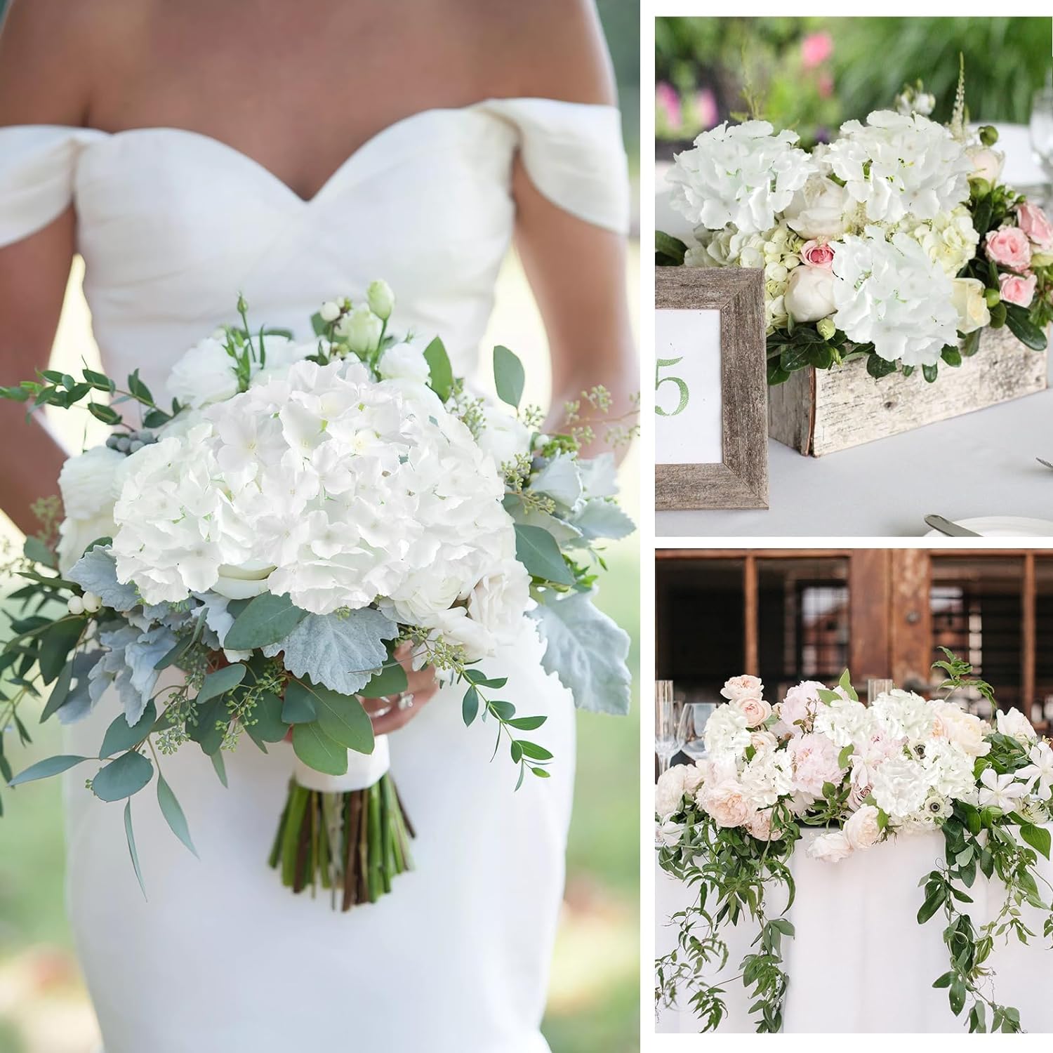Hydrangea Bulk Artificial White Flowers for Wedding Flower Arrangement， White Fake Silk Hydrangea Flowers in Bulk for Outdoor Wedding Table Centerpiece Home Decorations (, White)