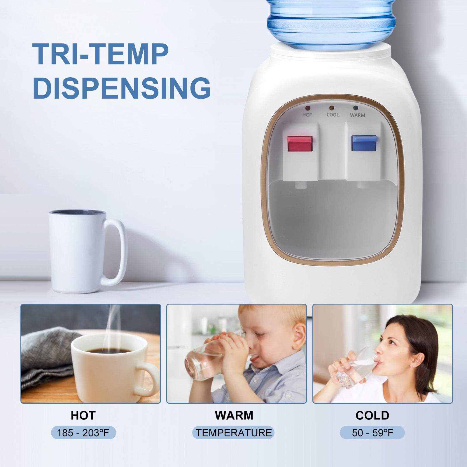 Water Cooler Dispenser Top Loading Holds 3 & 5 Gallon Bottles - 3 Temperature Settings - Hot, Cold & Room Water, Countertop Perfect for Homes, Kitchens, Offices, Dorms, White