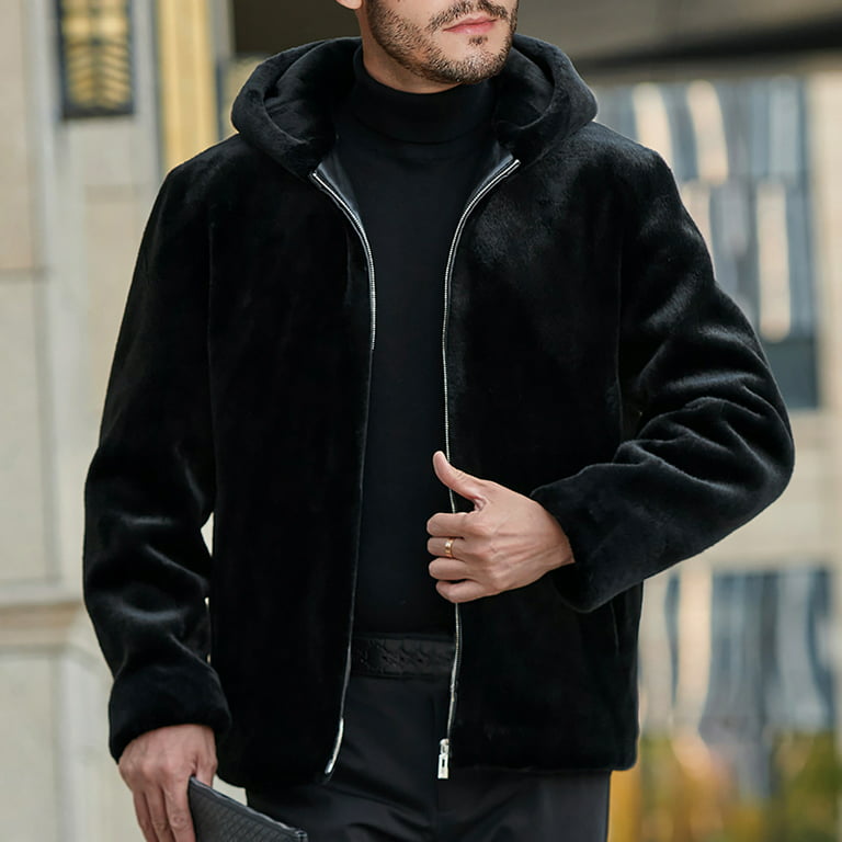 Olyvenn Mens Ladies Warm Faux Furry Coat Jacket Winter Solid Zip Up Hoodie  Outerwear 2023 Trendy Thick Fleece Overcoat Black 10