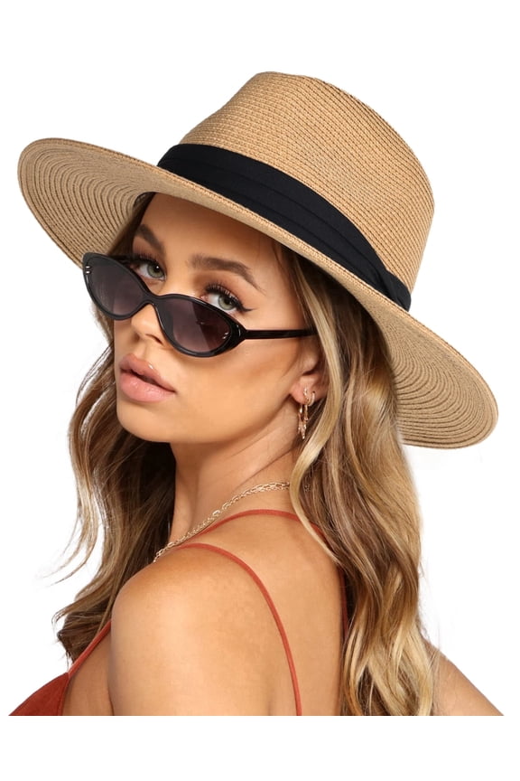 Womens Mens Wide Brim Straw Panama Hat Fedora Summer Beach Sun Hats UPF Straw Hat for Women