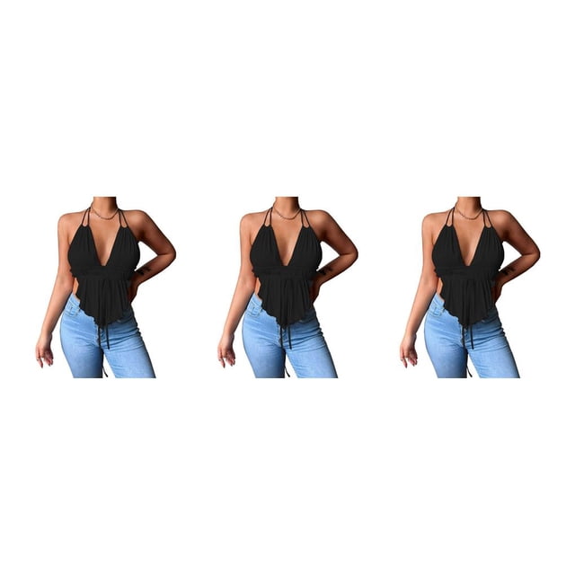 Chaleco sexy Sonducket camisola delgada casual para niñas Adolescentes Crop Top Club de verano Fiesta de luna de miel Negro XXL 3Conjunto