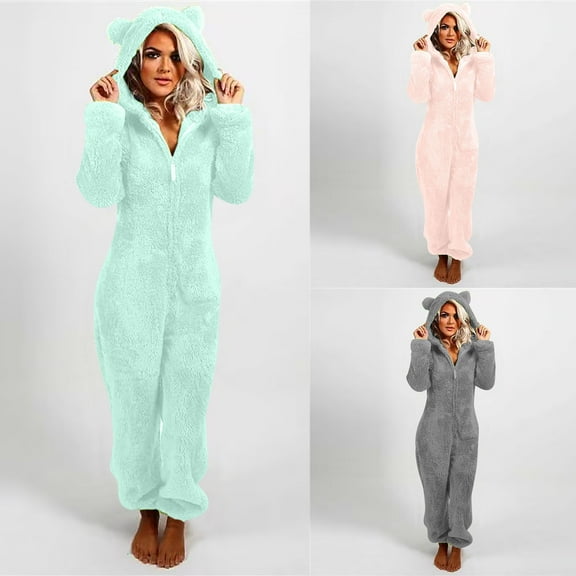 Feancey Fuzzy Fleece Overalls Women Cartoon Fleece Onesie Pajamas for Women Plush Hooded One Piece Pjs Winter Thicken Warm Animal Romper Sleewear with Pockets Mint Green L