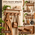thumbnail image 4 of Wall Mounted 4-Hook Rack with Shelf, Sturdy Metal Frame Wooden Shelf, No-Drill Easy Install with Assembly Video for Home Entryway Bathroom Kitchen Storage, Brown, 4 of 7
