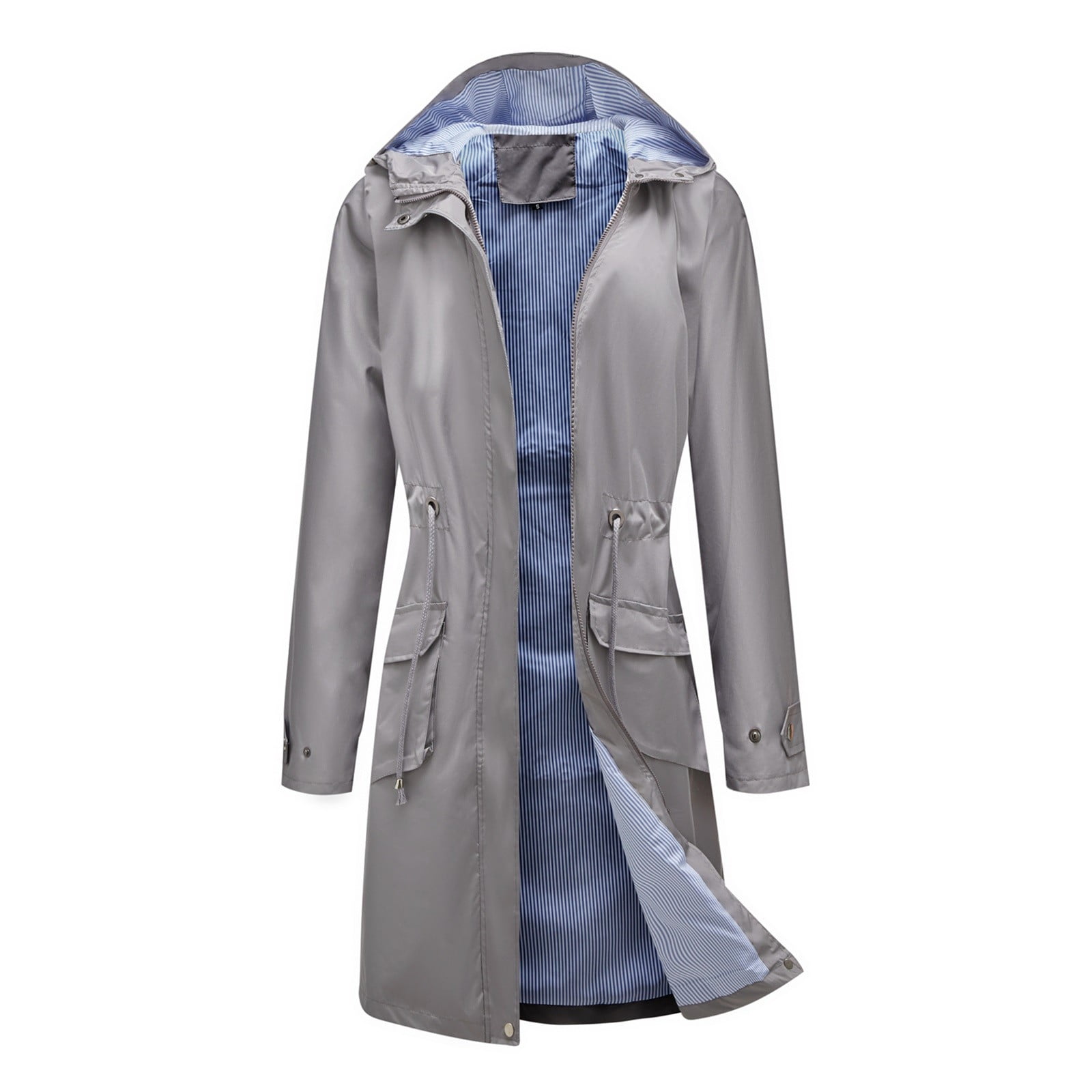 Women's Long Hoodie Raincoat Waterproof Zipper Trench Coats with Pocket Elastic Waist Anorak Utility Jackets 