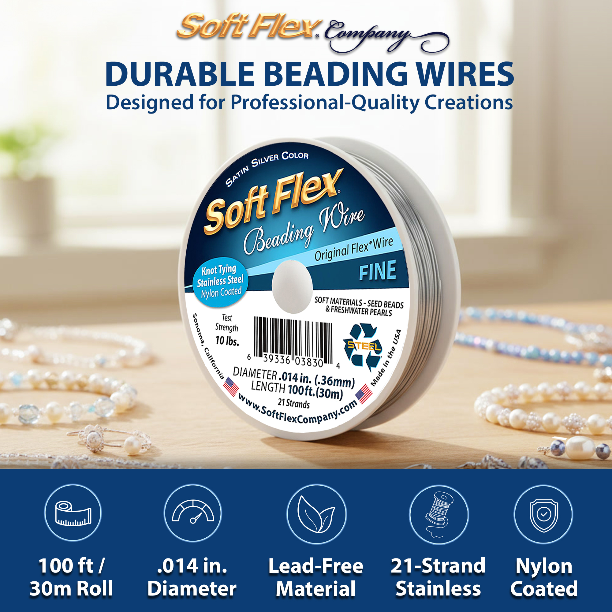 Soft Flex 21-Strand Fine Beading Wire, SFW, Satin Silver, 0.014” x 100ft