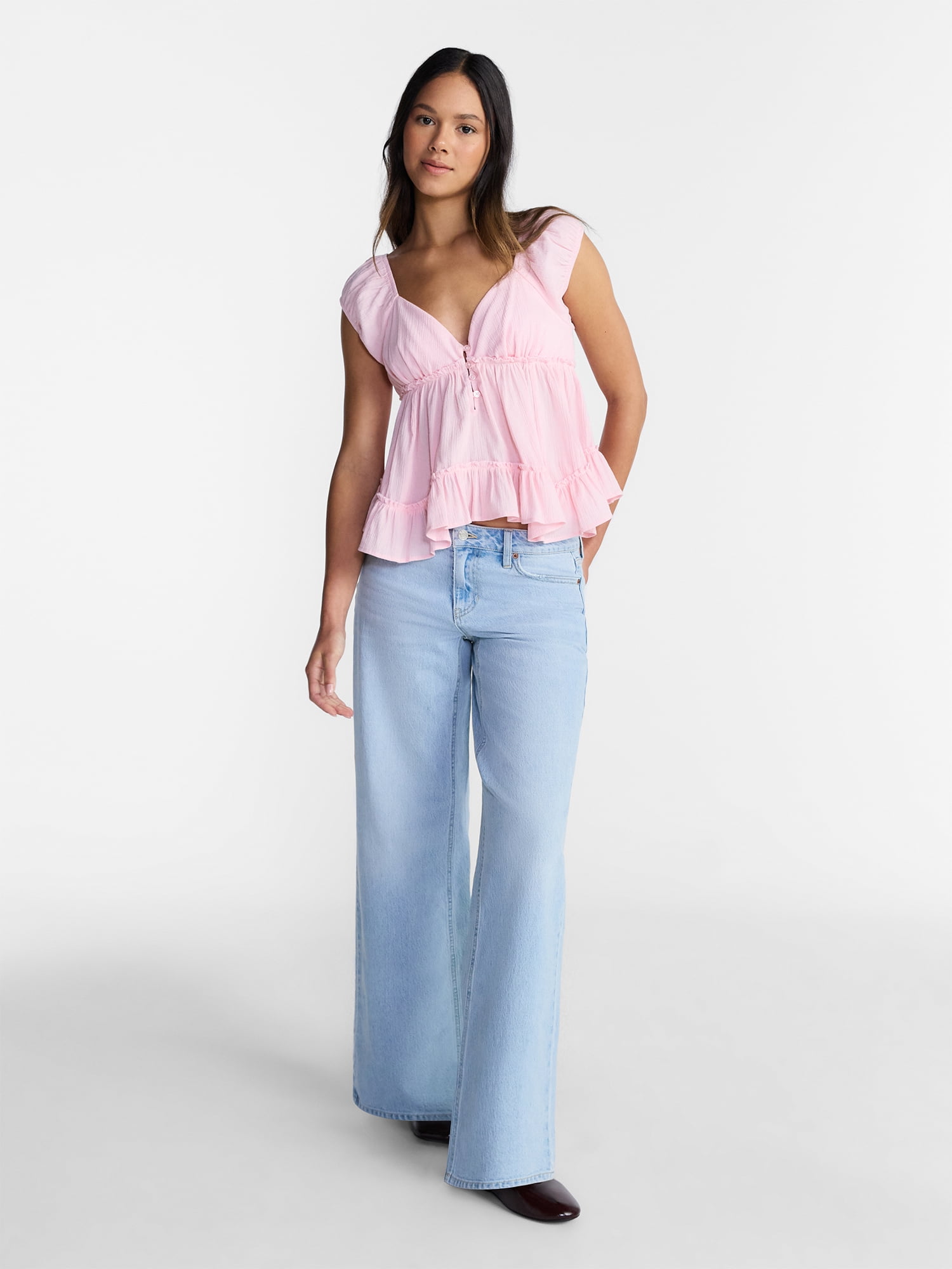 No Boundaries Boho Woven Babydoll Top, Women's XXS-XXL