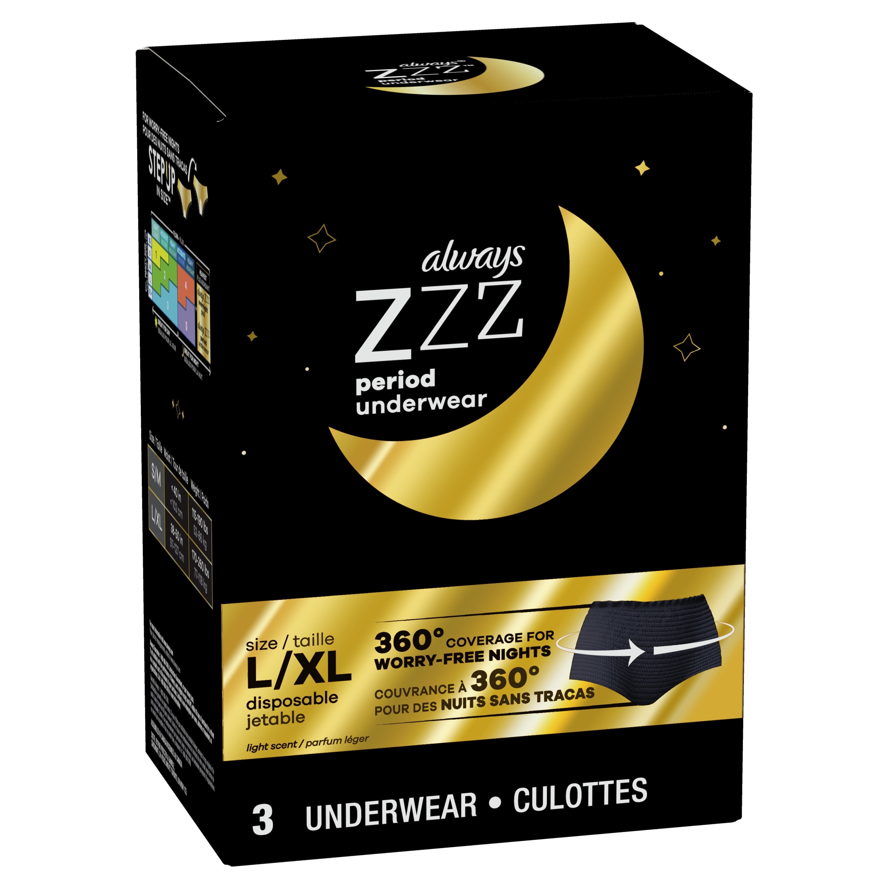 Always ZZZ Overnight Feminine Disposable Period Panties, Size LG