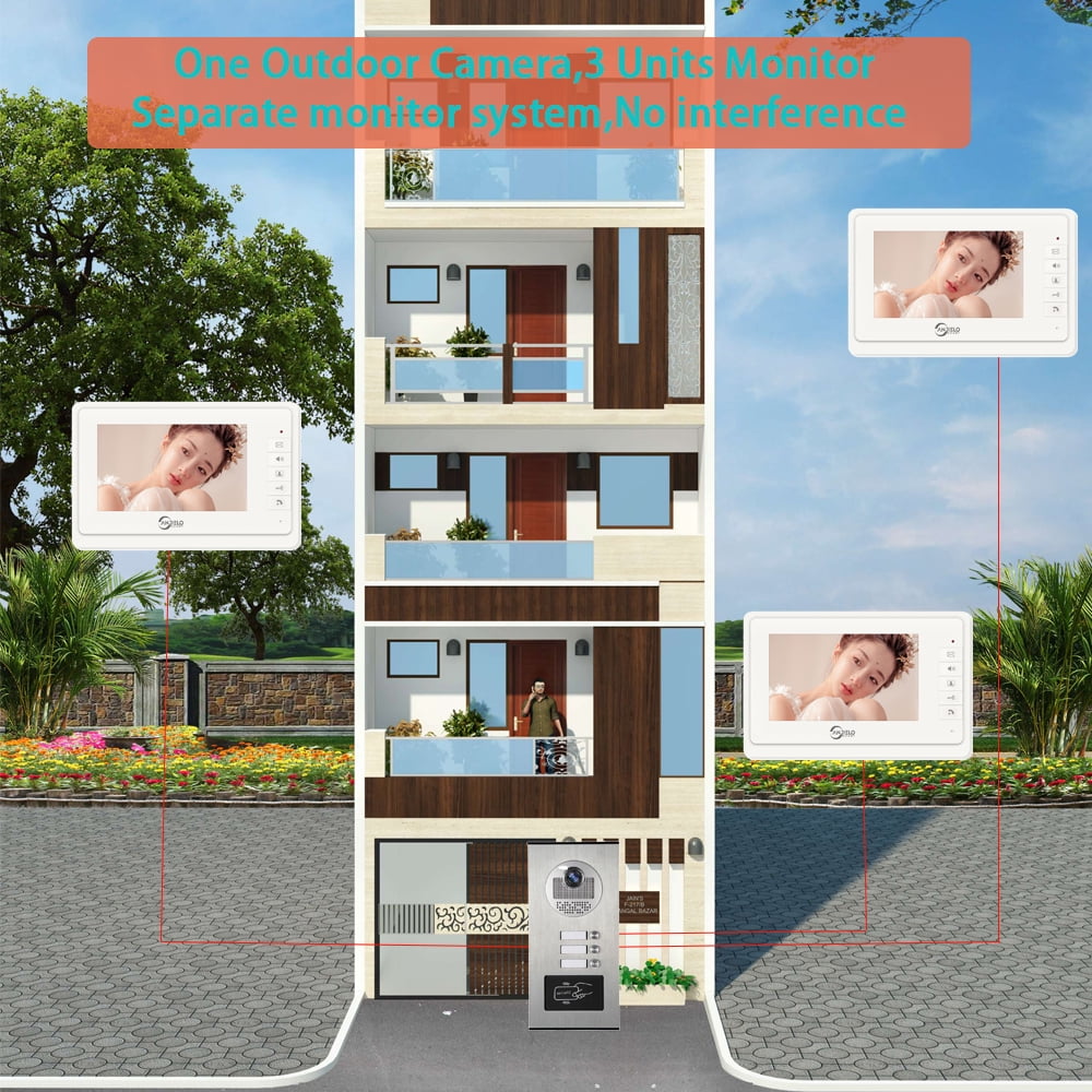 3-Unit Wired Video Apartment Intercom System with 7-Inch Monitors, Indoor/Outdoor Video Doorbell, ID Card Unlock, and Two-Way Audio