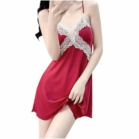 ZyeKqe Valentine s Day Nightgowns for Women Lace Trim Lingerie Min Dress Sleepwear V Neck Full Slip Chemise