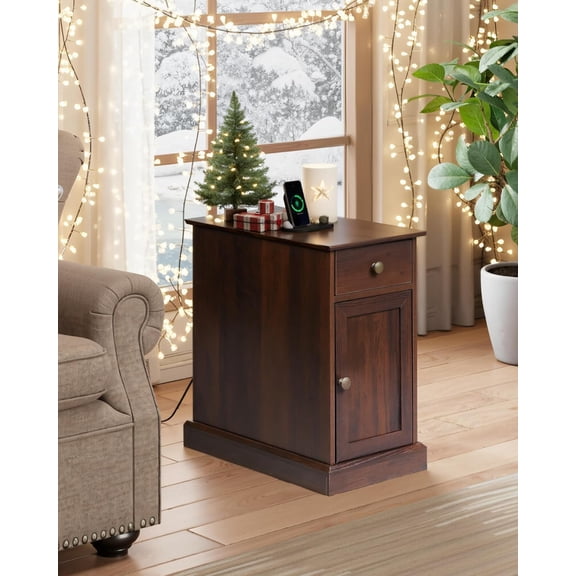 GALAXHERO End Table Narrow Side Table for Living Room, Farmhouse Night Stand with Storage Drawer, Small Wooden Nightstand with Concealed Outlets, Espresso