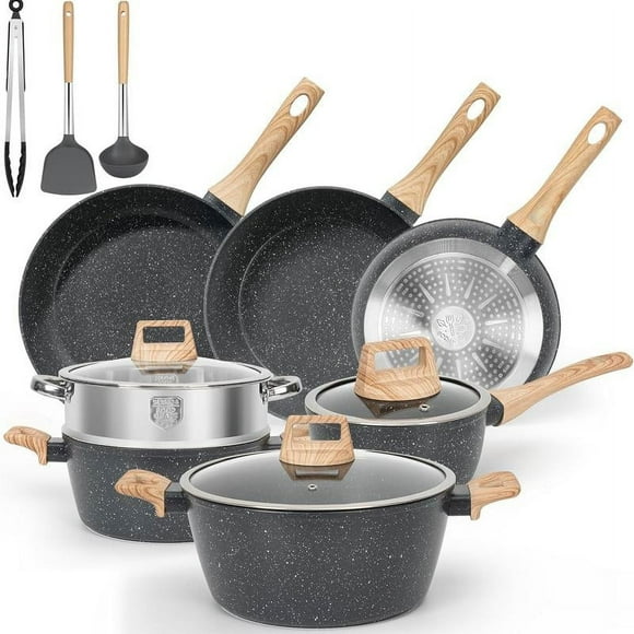 SODAY 12pcs Pots and Pans Set Non Stick Kitchen Cookware Sets Induction Cookware Nonstick Granite Cooking Set with Frying Pans,Saucepans, Steamer Silicone Shovel Spoon & Tongs (Black)Non-toxic Cooking