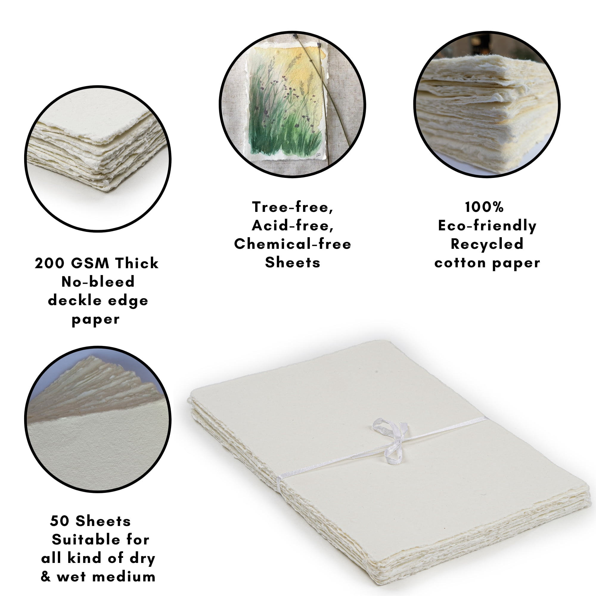 Leather Village - Handmade Cotton Watercolor Paper - 8 x 6 - 200 GSM - Offwhite