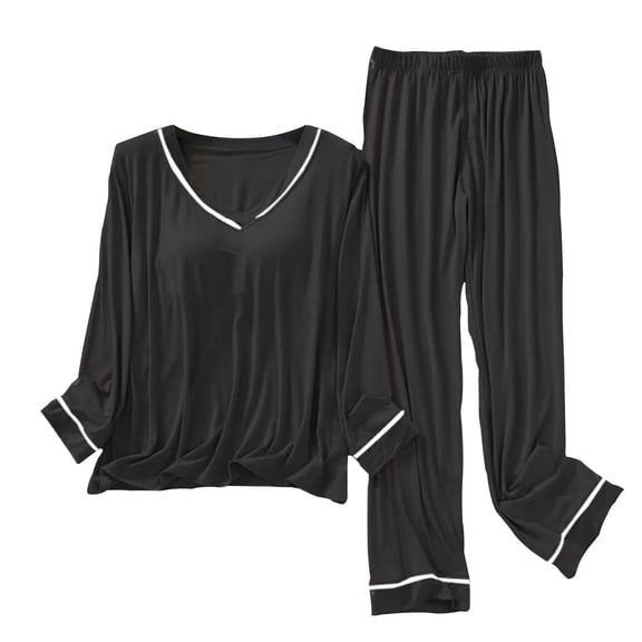 Womens Pajama Set Fashion Solid Color Breathable Pajama Sets with Pants Summer Crew Neck Long Sleeve Sleepwear Summer Pajamas