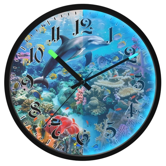Ryvnso Dolphin Coral under Sea 12 Inch Night Light Wall Clock Luminous Silent Battery Operate Clocks