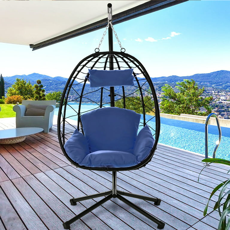 Flash Furniture Cleo Patio Hanging Egg Chair, Wicker Hammock with Soft Seat Cushions & Swing Stand, Indoor/Outdoor Gray Frame-Gray Cushions