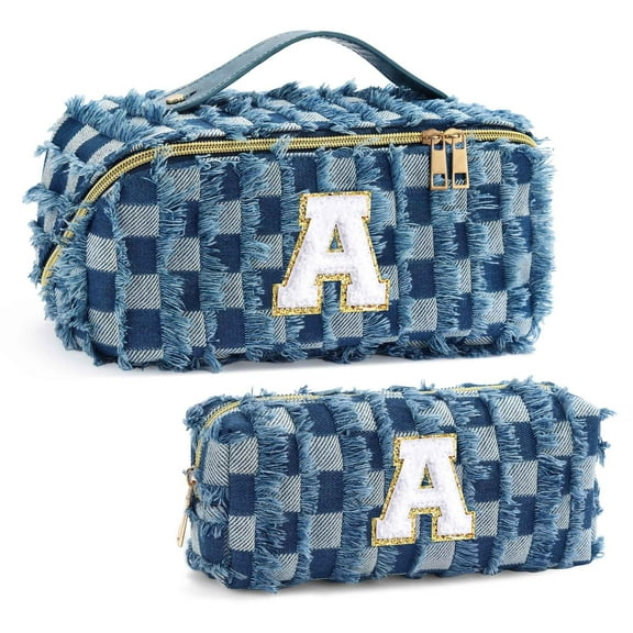 YOOLIFE Checkered Makeup Bag Initial Cosmetic Bags for Women, Small Travel Toiletry Bag Travel Makeup Bag Skincare Bag, Denim Blue Jean Make up Bag for Women Her Mom Wife Girlfriend Sister