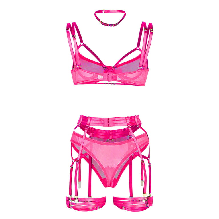 RQYYD Clearance Women's 3 Pieces Exotic Lingerie Set Lace Underwire  Lingerie Sets Sexy Lingerie Set with Garter Bra and Panty(Hot Pink,L) 