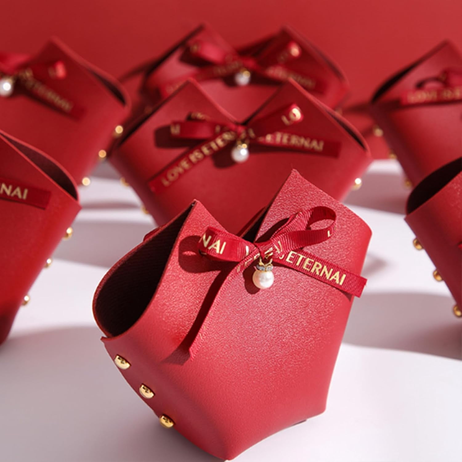 qczoyp 10 Pack Leather Bowknot Gift Boxes: Party Favor Bag Candy Gift Party Favor Boxes, Mini Gift Bags with Handles, Reusable Gift Bag for Baby Showers Wedding Christmas Party Valentines's Day (Red)