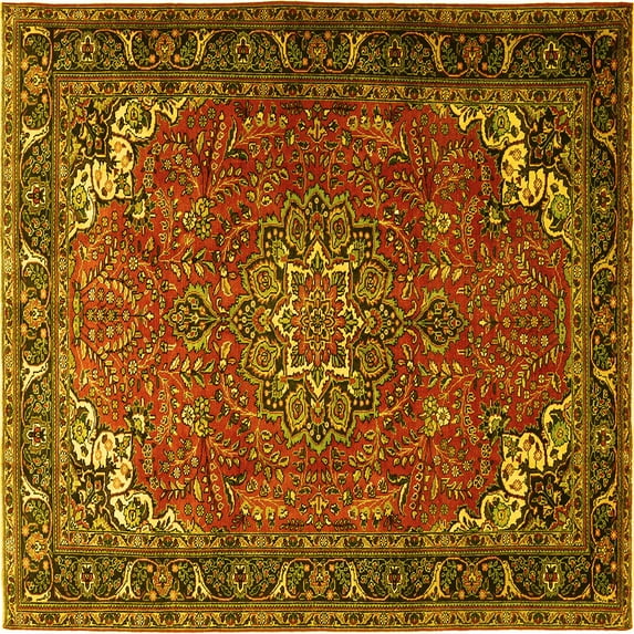 Ahgly Company Machine Washable Indoor Square Medallion Yellow Traditional Area Rugs, 5' Square