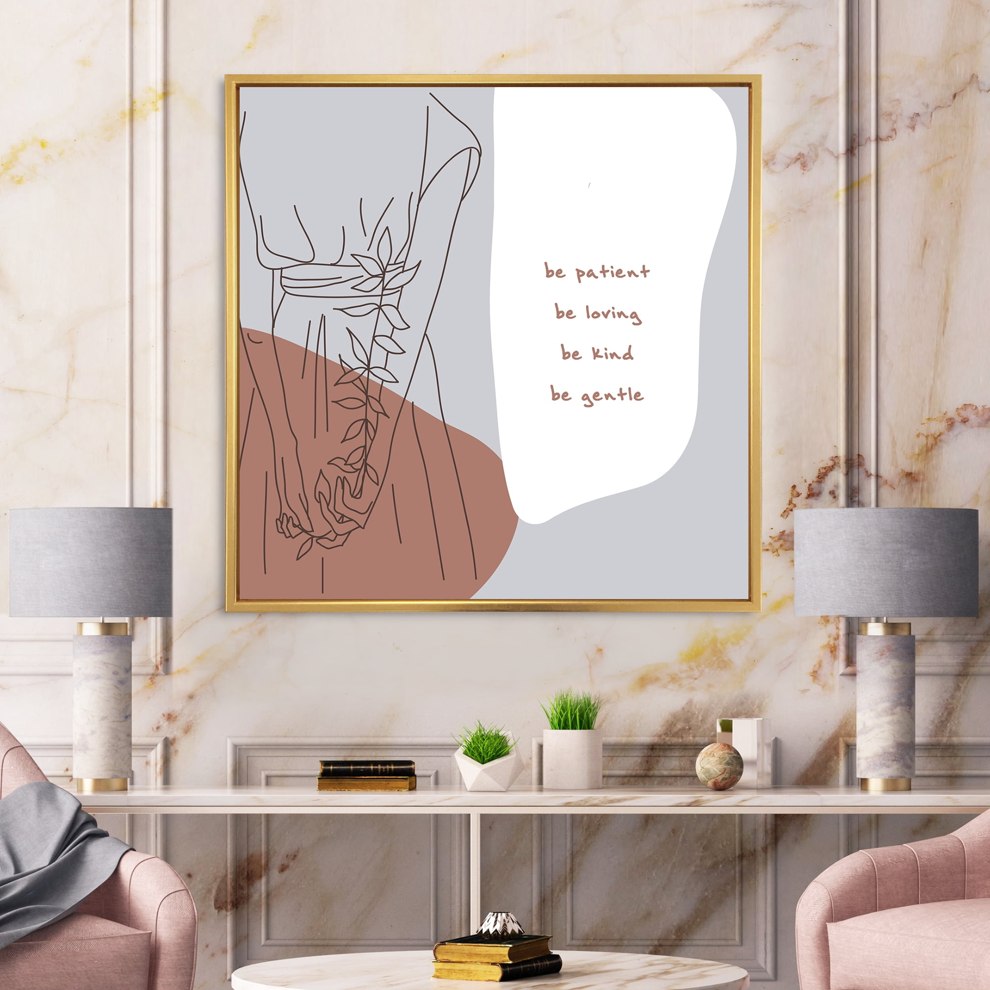 Designart 'Be Patient Be Kind Be Loving Be Patient One Line Leave' Modern Framed Canvas Wall Art Print