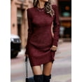 thumbnail image 6 of Women Sweater Short Elegant Long Sleeve Crew Neck Slim Fit Dressy Fall Winter Mini Knit Dresses Wine Red M, 6 of 7