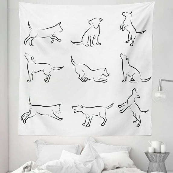 White Black Tapestry, Digital Sketches of a Puppy Moving Around Scratching Simple Life Style Work, Fabric Wall Hanging Decor for Bedroom Living Room Dorm, 5 Sizes, White Black, by Ambesonne