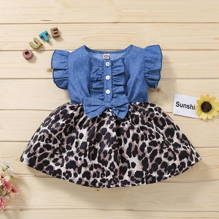 

UHUYA Toddler Dress Baby Girls Bowknot Denim Splice Sunflower Leopard Print Princess Dress Black 2-3 T