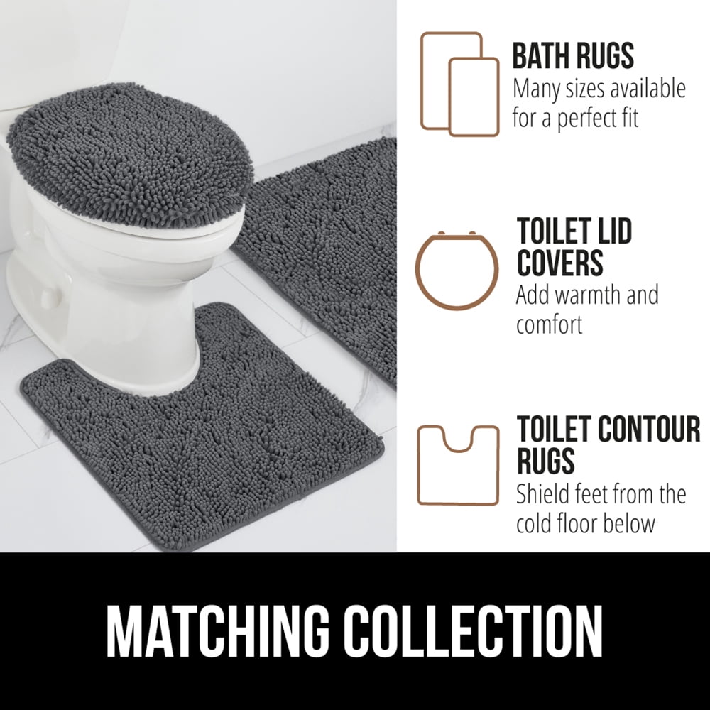 GORILLA GRIP Chenille Bath Rug 24x17, Rubber Backing Quick Dry Washable Microfiber Mats, Charcoal