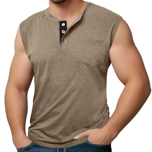 Men's Summer Fashion Sleeveless Wide Shoulder Back Center Collar Button Up Fitness
