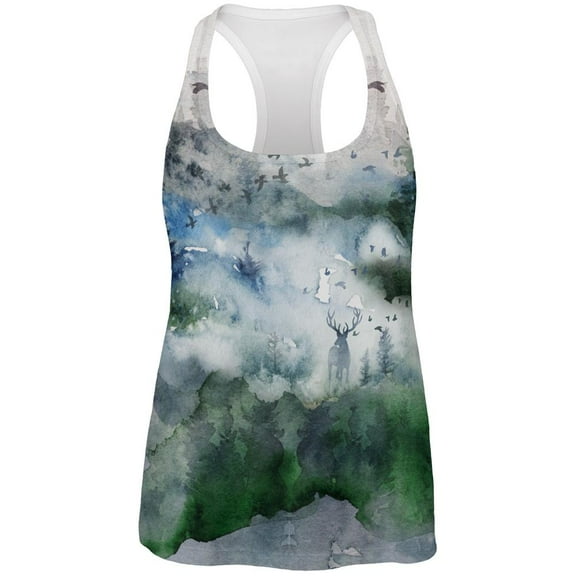 Watercolor Deer in the Mist All Over Womens Work Out Tank Top Multi 2XL