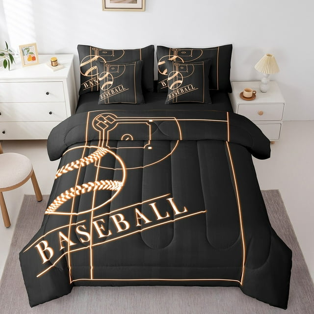YST Ensemble de Douillette à Thème Sportif 7 Pcs, Grand Lit Double, Orange et Noir, Baseball
